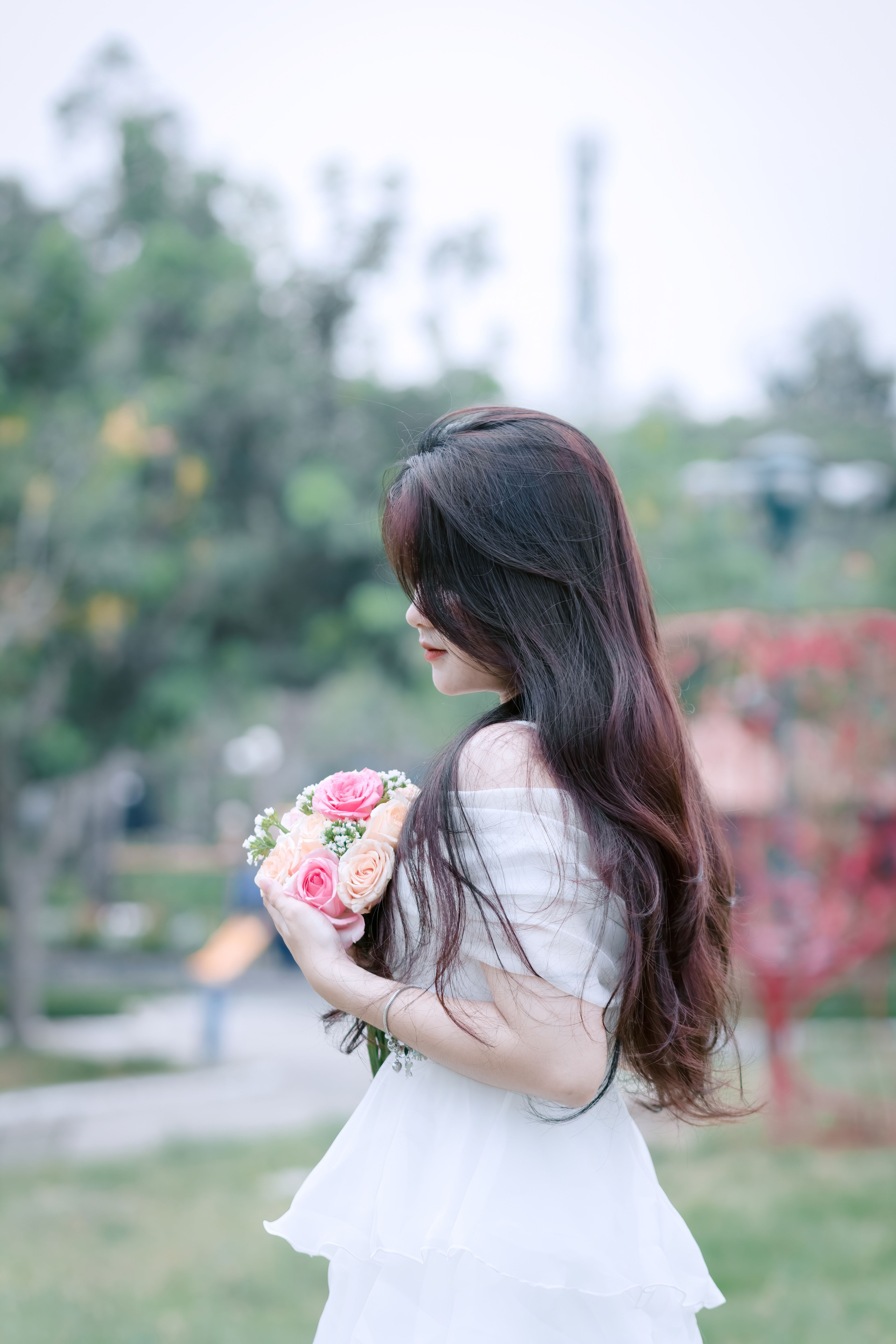 Woman in White Dress with Flowers Bouquet Free Stock Photo Woman in White Dress with Flowers Bouquet Free Stock Photo