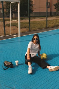 Casually dressed woman sitting with a ball on a sunlit blue sports court, showcasing urban lifestyle.