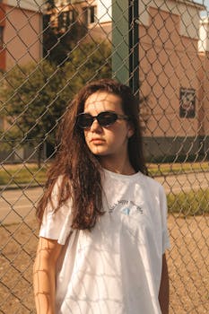 Young woman with sunglasses posing during sunset by a chain-link fence. Urban fashion vibe.