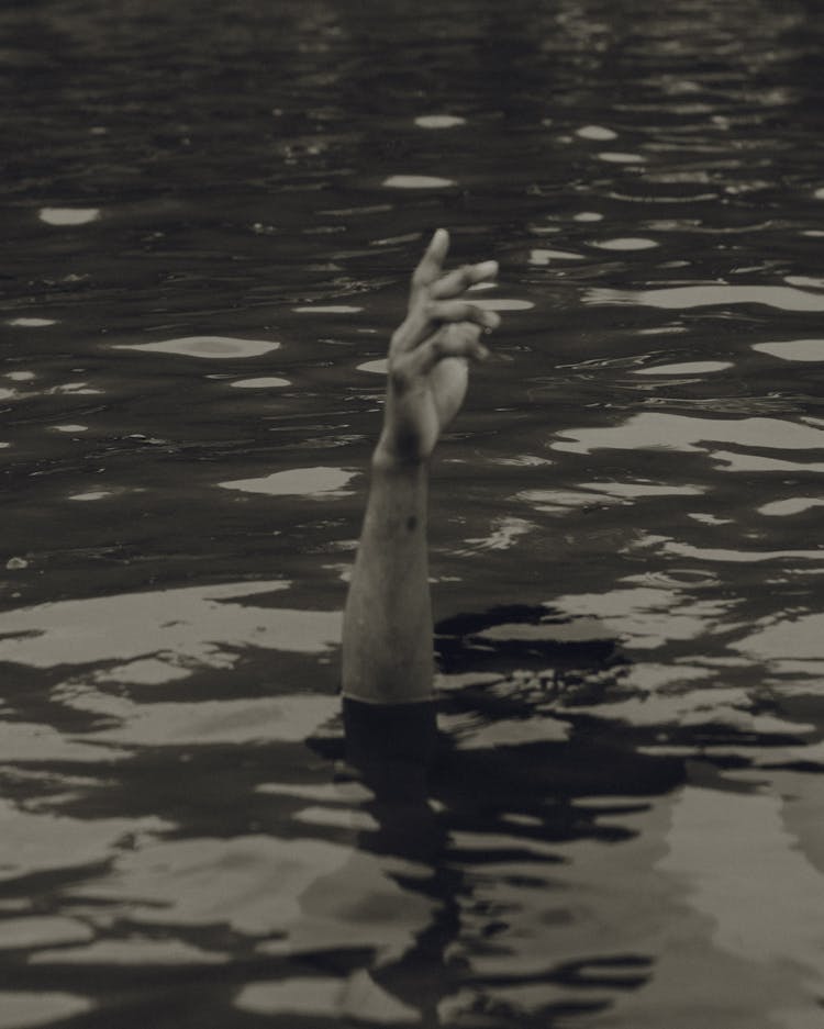 Black And White Photo Of A Human Arm Sticking From Water