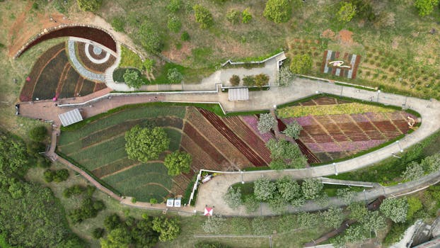 Stunning aerial view of a patterned garden in Beitou District, Taipei City, Taiwan.