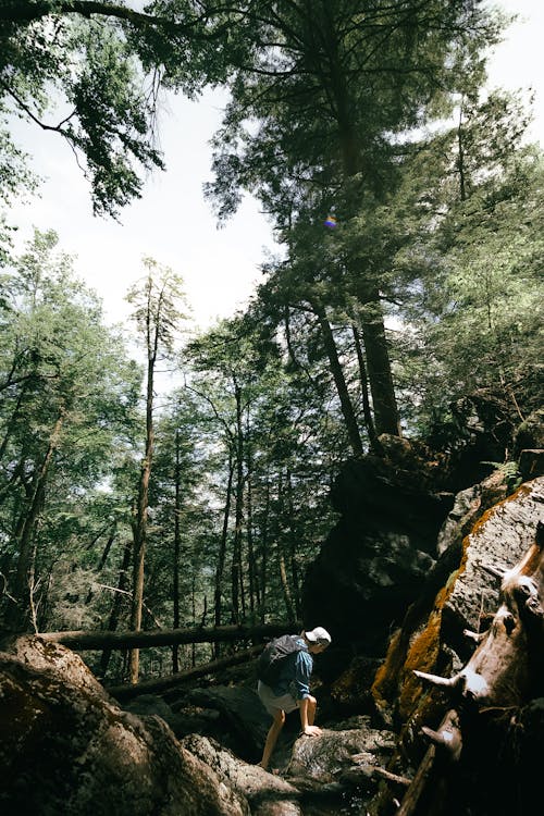 A Man Climbing on Rocks