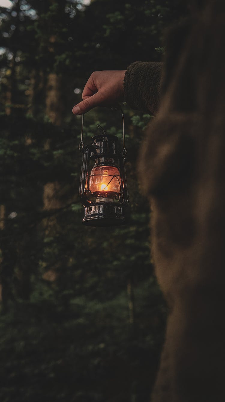 Man Hand Holding Vintage Lantern In Forest