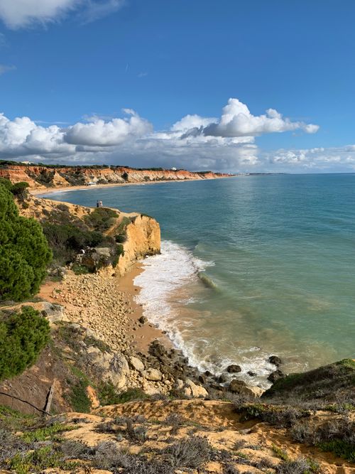 Free Breathtaking view of cliffs and coast in Portugal with azure ocean and sunny sky. Stock Photo