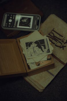 A cozy scene featuring vintage sketches, an old photo, and a smartphone on a textured background.