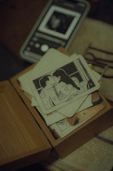 A nostalgic still life featuring vintage romantic illustrations and a smartphone, offering a blend of old and new.