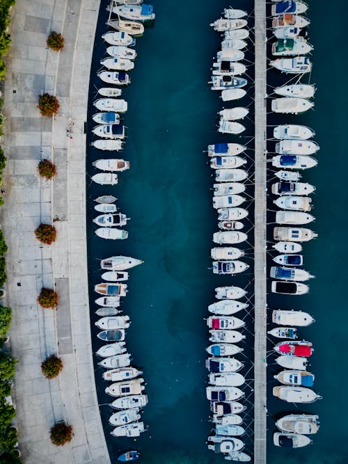 Top View of Row of Boats Moored on the Coastline 