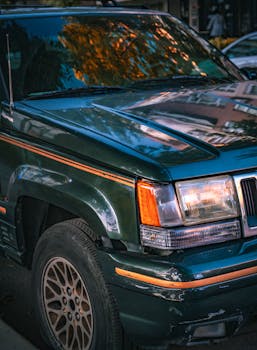 A vintage Jeep Grand Cherokee parked in an İstanbul street reflecting sunset hues.