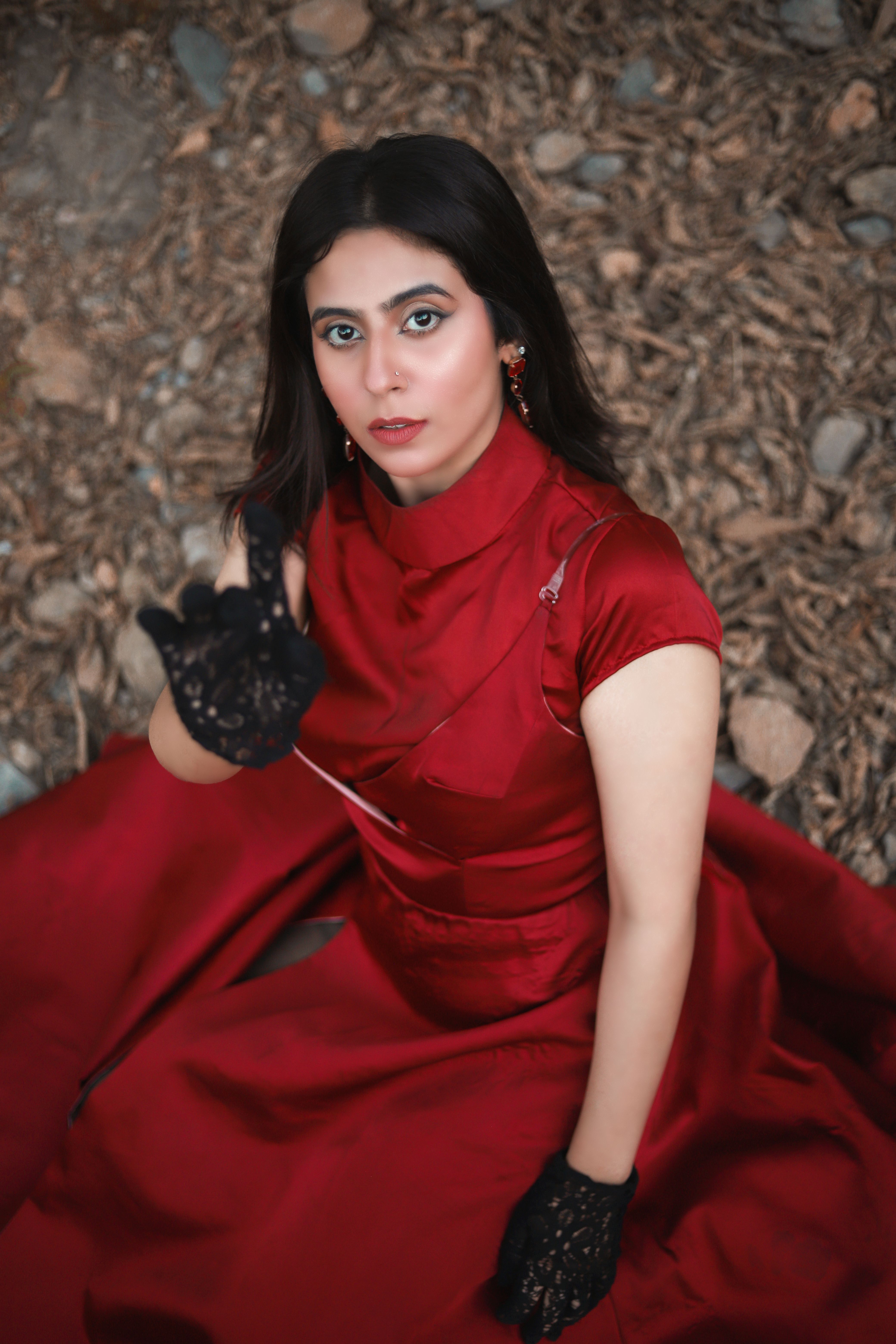 Brunette Woman in Red Dress and Gloves · Free Stock Photo