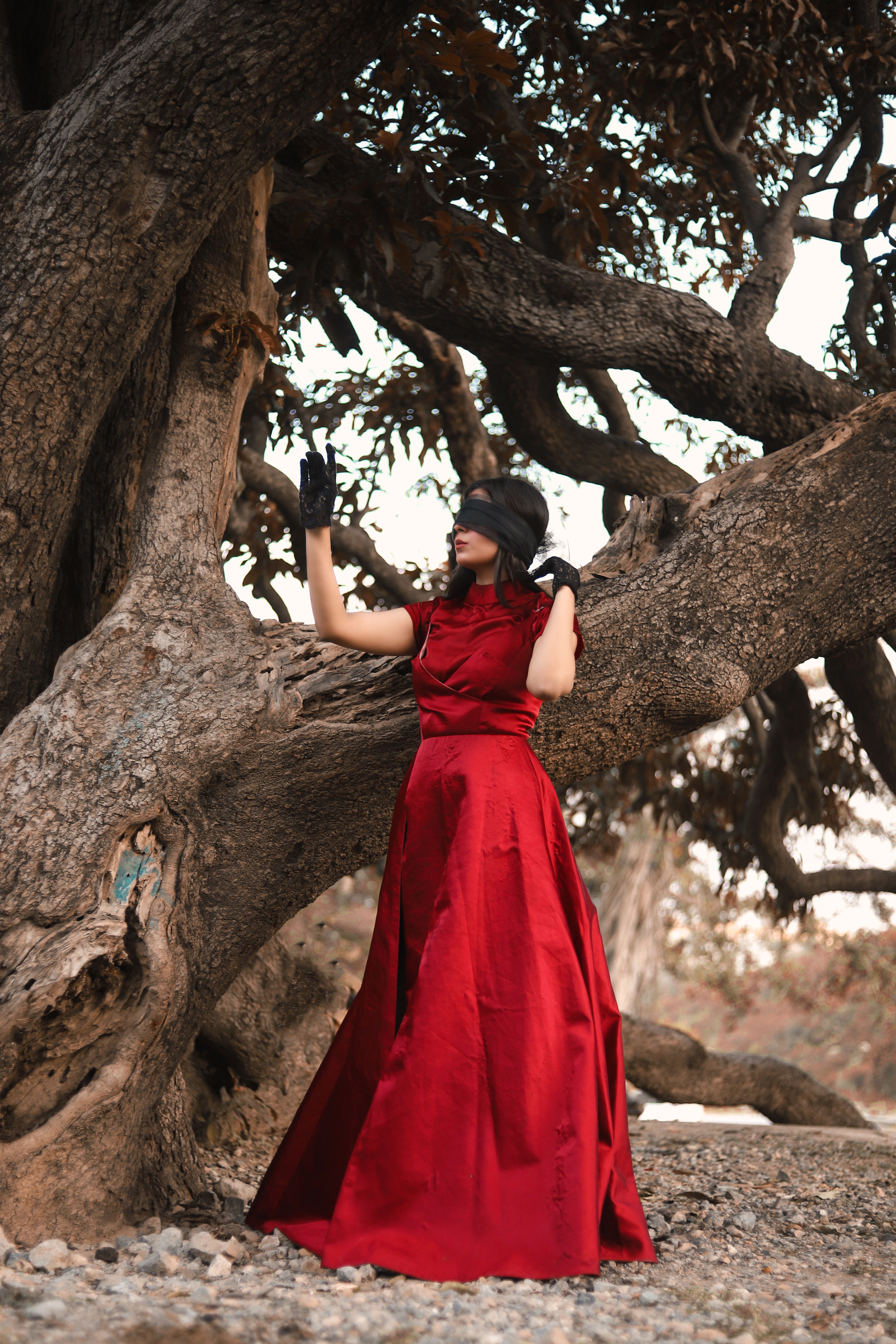 Beautiful Model in Red Dress Posing by Large Dry Tree · Free Stock Photo