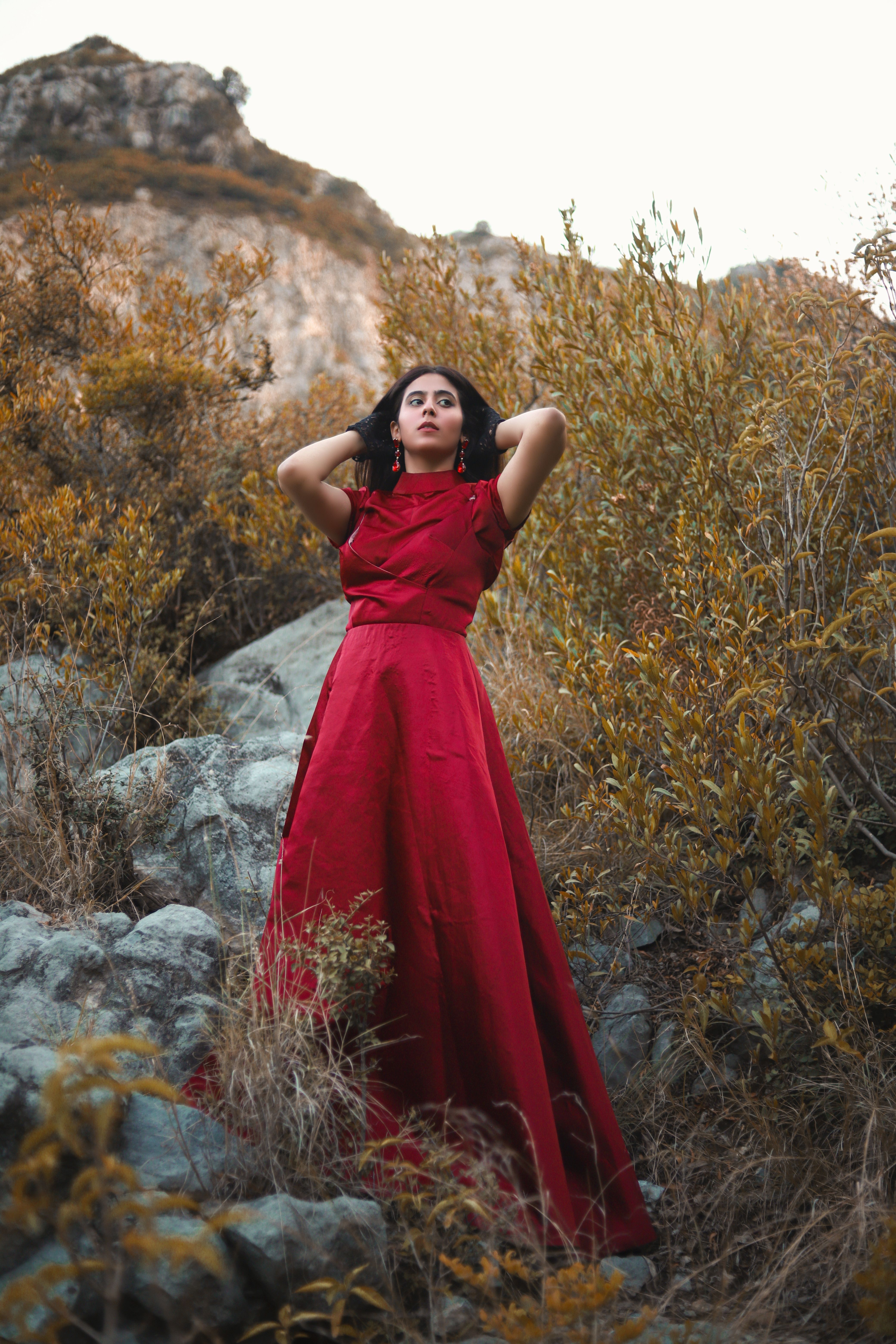 Brunette Woman in Red Dress  Free Stock Photo
