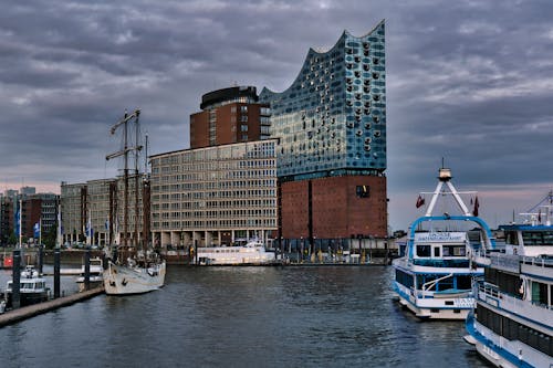 Ships and Boats on Elbe River near Philharmonic Building, Hamburg, Germany