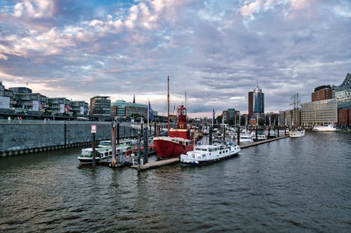 Cityscape with Ships and Boats in Elbe River Port, Hamburg, Germany