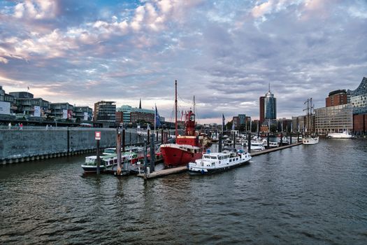 Cityscape with Ships and Boats in Elbe River Port, Hamburg, Germany