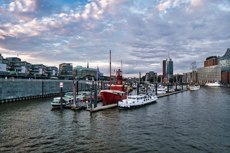 Cityscape With Ships And Boats In Elbe River Port, Hamburg, Germany