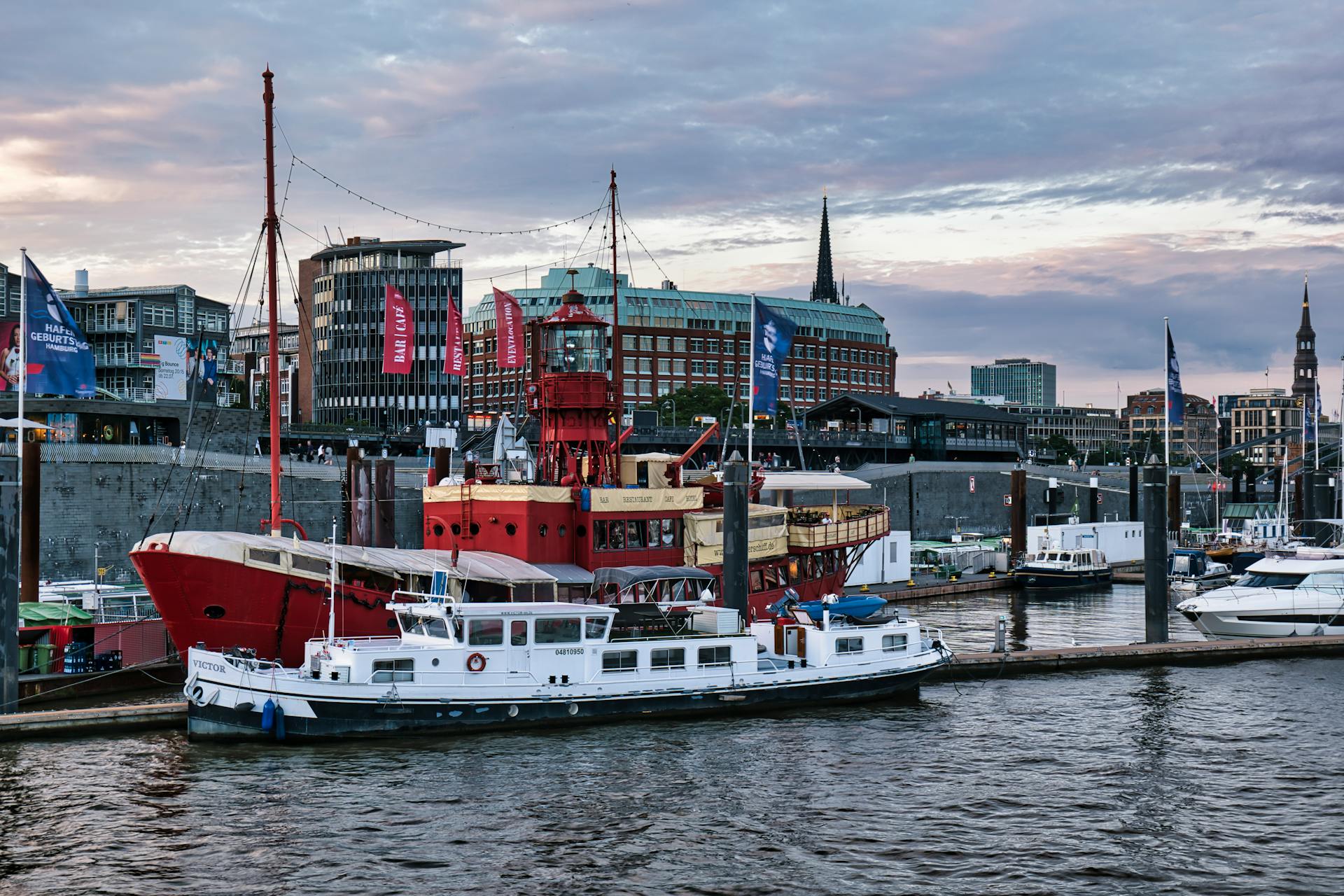 Boats and Ships Moored in Elbe River Haven, Hamburg, Germany