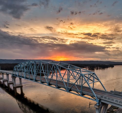 Free A stunning sunrise over the Mississippi River and the iconic Wabasha Bridge. Stock Photo