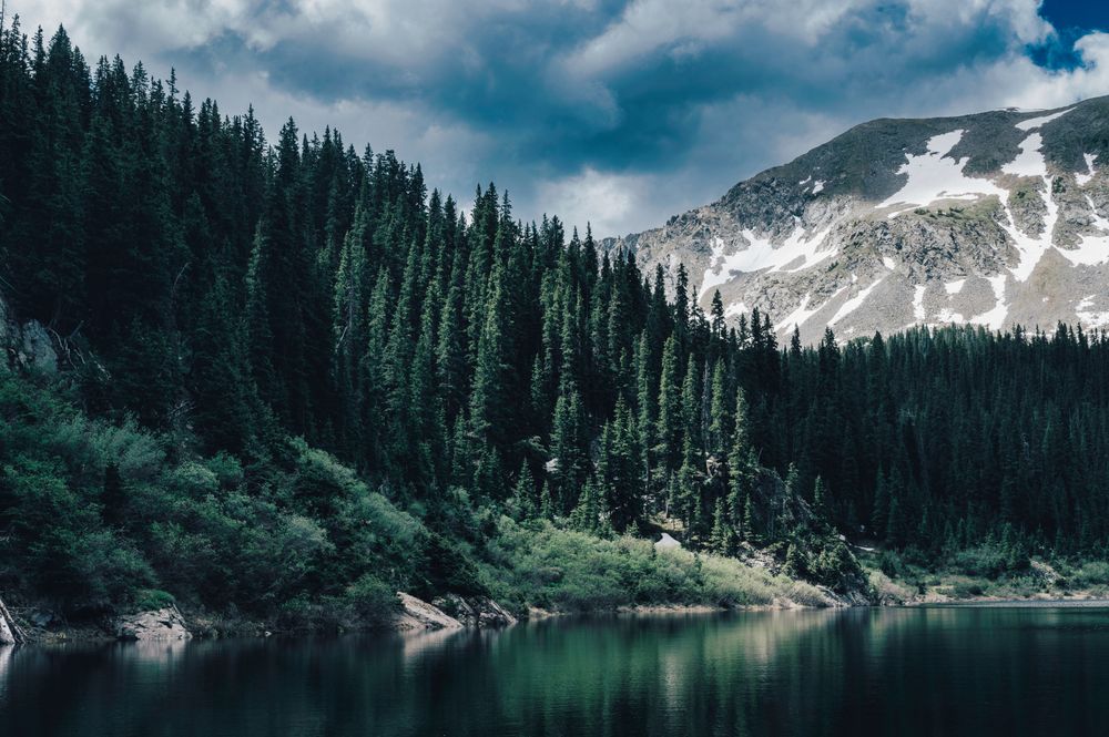 Alpine lake below a pine forest and snow-streaked ridge — photo by Alfo Medeiros on Pexels