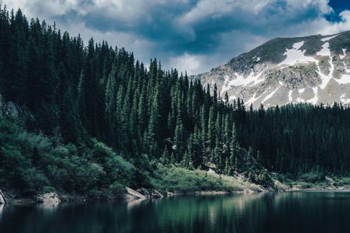 Free Stunning view of a mountain lake surrounded by lush pine forest under a cloudy sky. Stock Photo