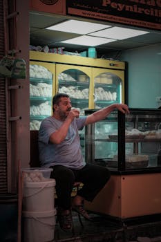 Middle-aged man savoring tea while seated in a cozy cheese shop environment.