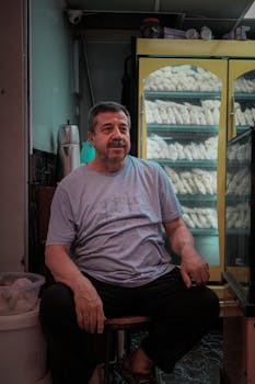 Man in a t-shirt sits inside a shop with a refrigerated display of food items.