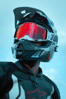 Close-up of a motocross racer wearing a helmet and goggles against a blue sky.