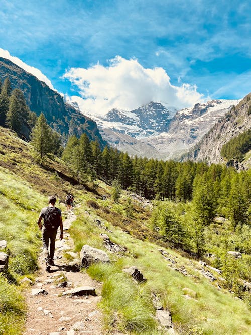 People Hiking on Sunlit Footpath in Valley in Mountains