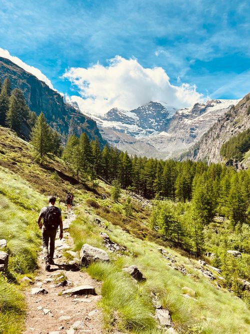 Free Two hikers walking along a picturesque mountain path beneath a bright blue sky. Stock Photo