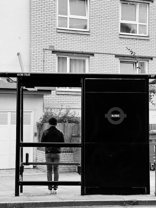 Základová fotografie zdarma na téma autobusová zastávka, černobílý, městský