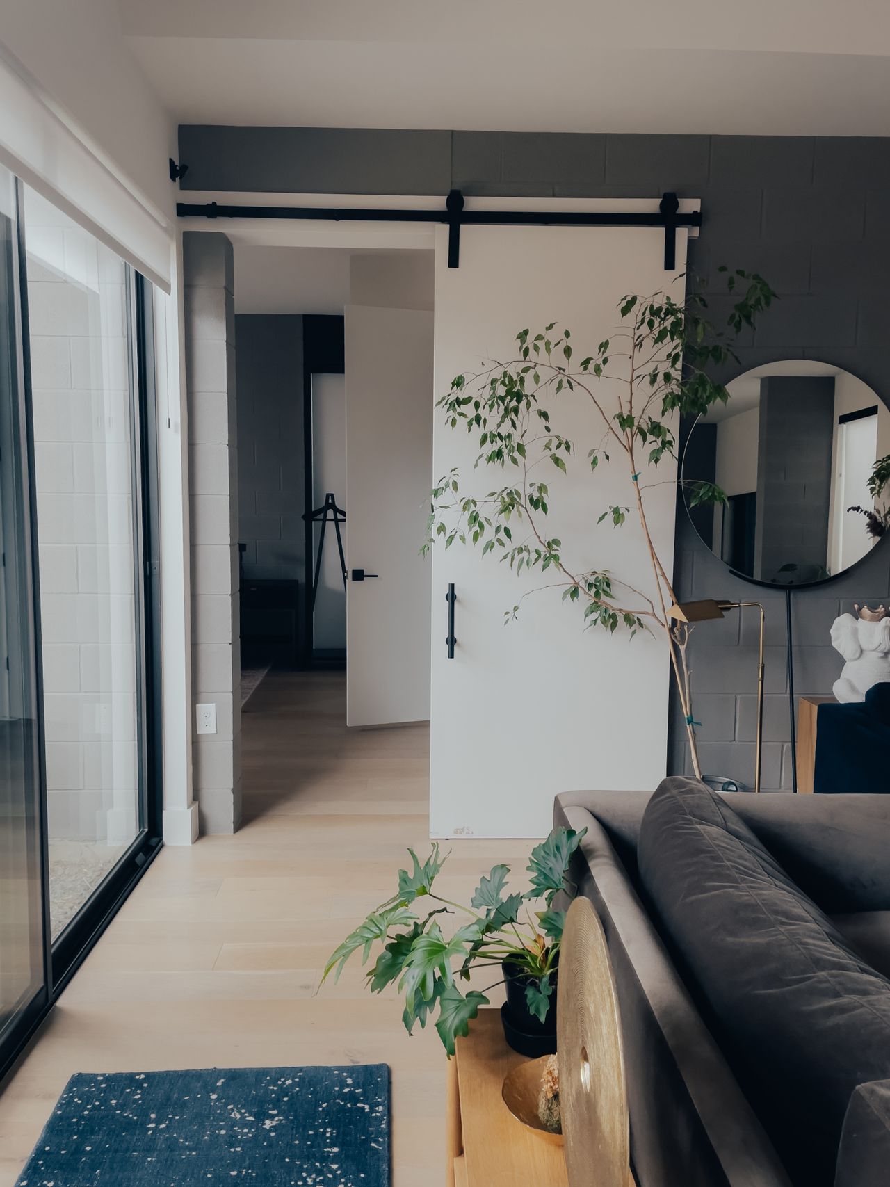 White sliding barn-style door on a black wall-mounted rail in a modern apartment