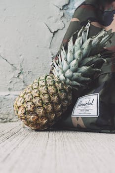 迷彩背包靠在乡村的混凝土上，上面放着一个菠萝特写