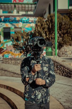 Man holding camera equipment in a vibrant, artistic urban scene with sunlight and colorful backgrounds.