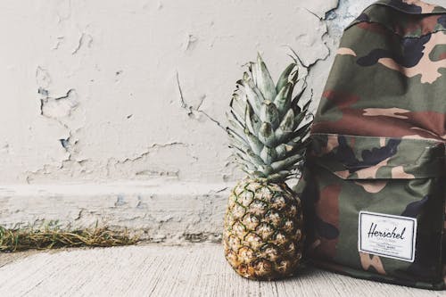 Pineapple Fruit Beside Black, Brown, and Beige Herchel Camouflage Backpack