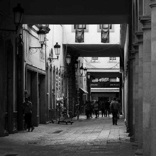 Black and White Picture of People Walking in an Alley between Traditional Buildings 