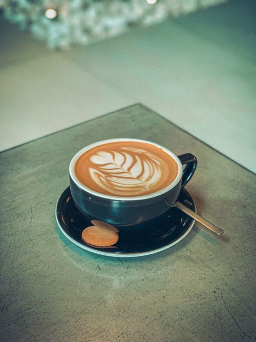Free Close-up of a coffee cup with intricate latte art and biscuit on a table. Stock Photo
