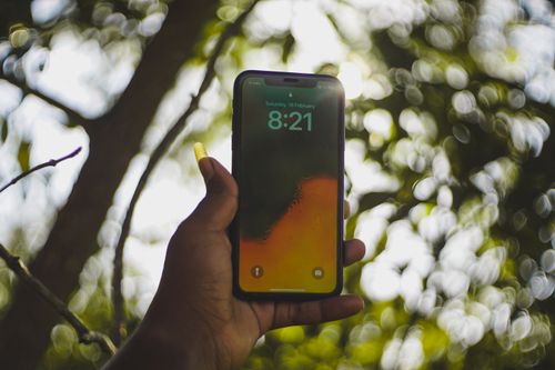 Free Close-up of a hand holding a smartphone with a vibrant screen outdoors among blurred green foliage. Stock Photo