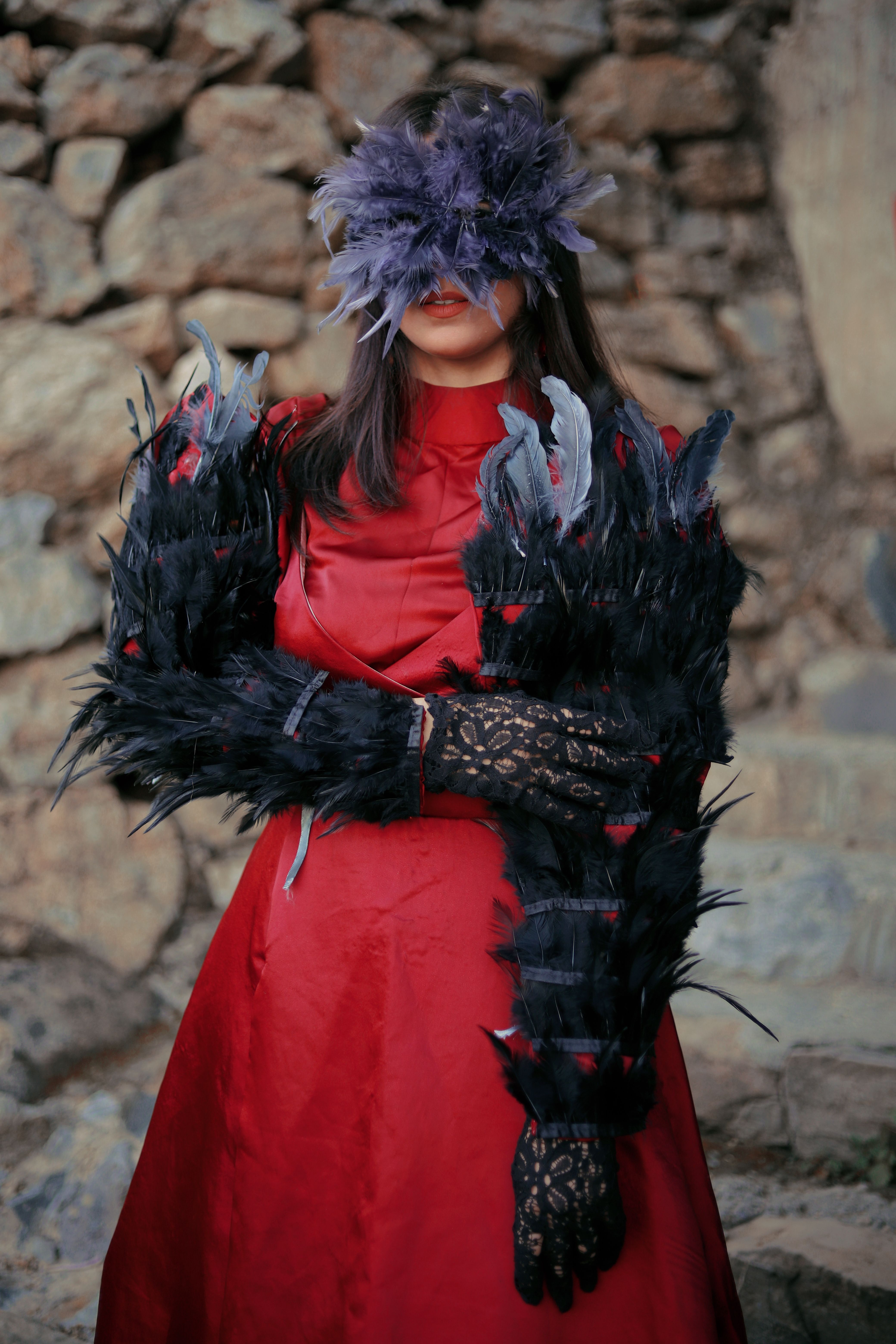 Woman Wearing a Costume Consisting of a Red Dress with Black Feather  Sleeves and a Feather Mask  Free Stock Photo
