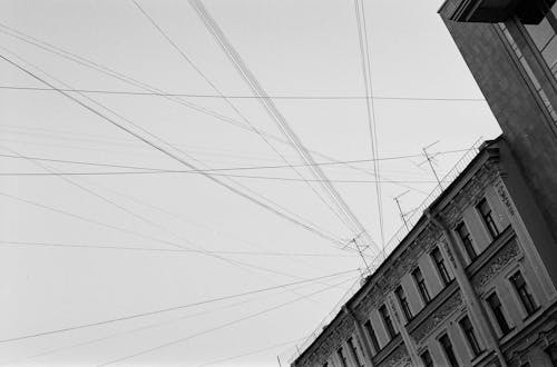 Power Lines over Building in Black and White