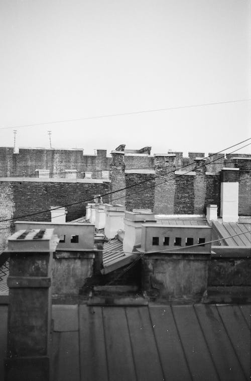 Black and White Photo of a Rooftop 