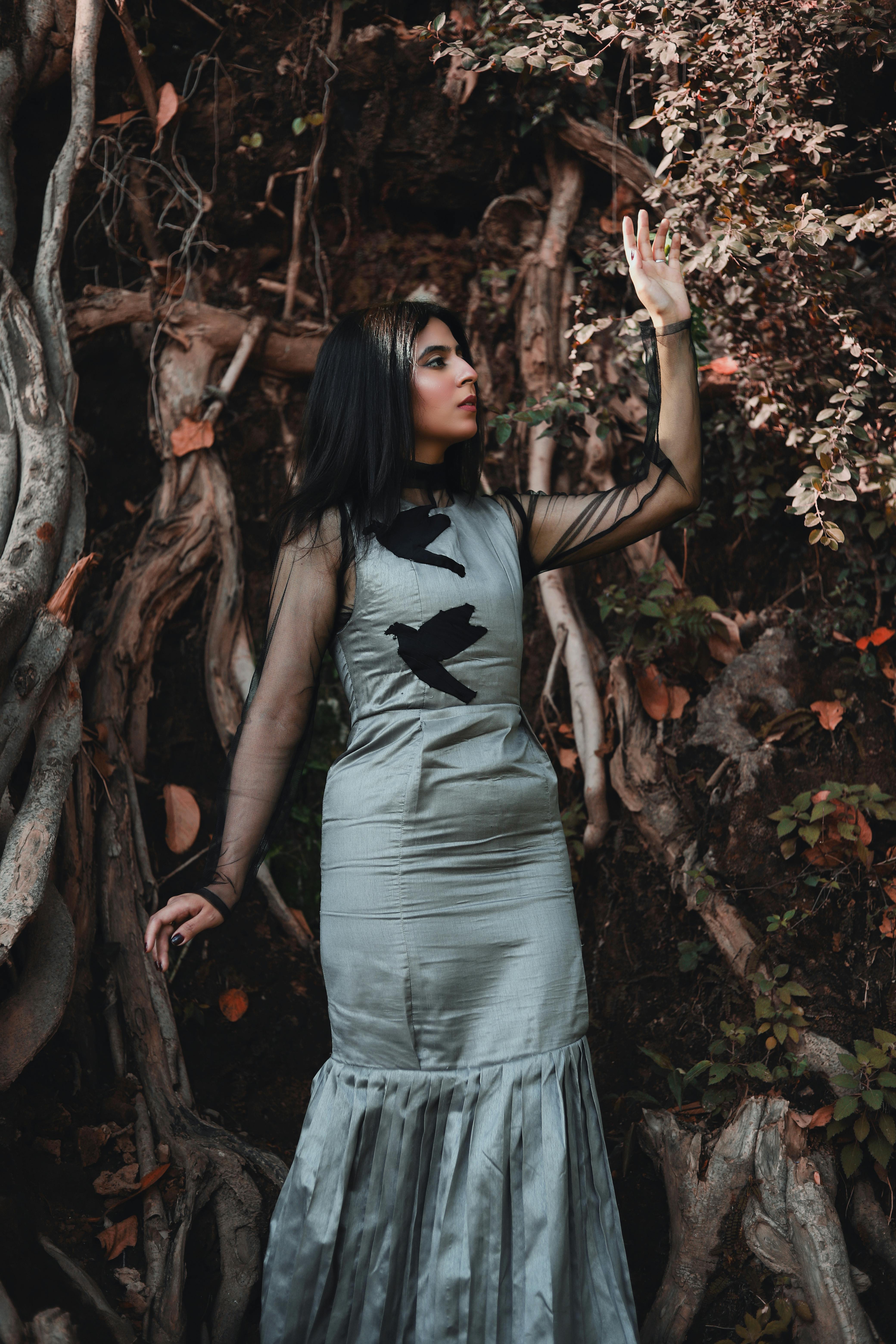 silver dress photoshoot model