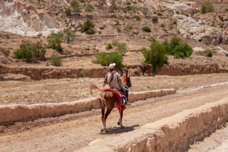 Back View Of A Man Horseback Riding In A Desert 