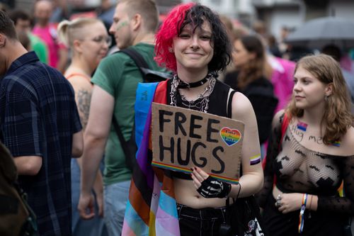 Free A smiling attendee at an LGBTQ+ festival offers free hugs, conveying love and acceptance. Stock Photo