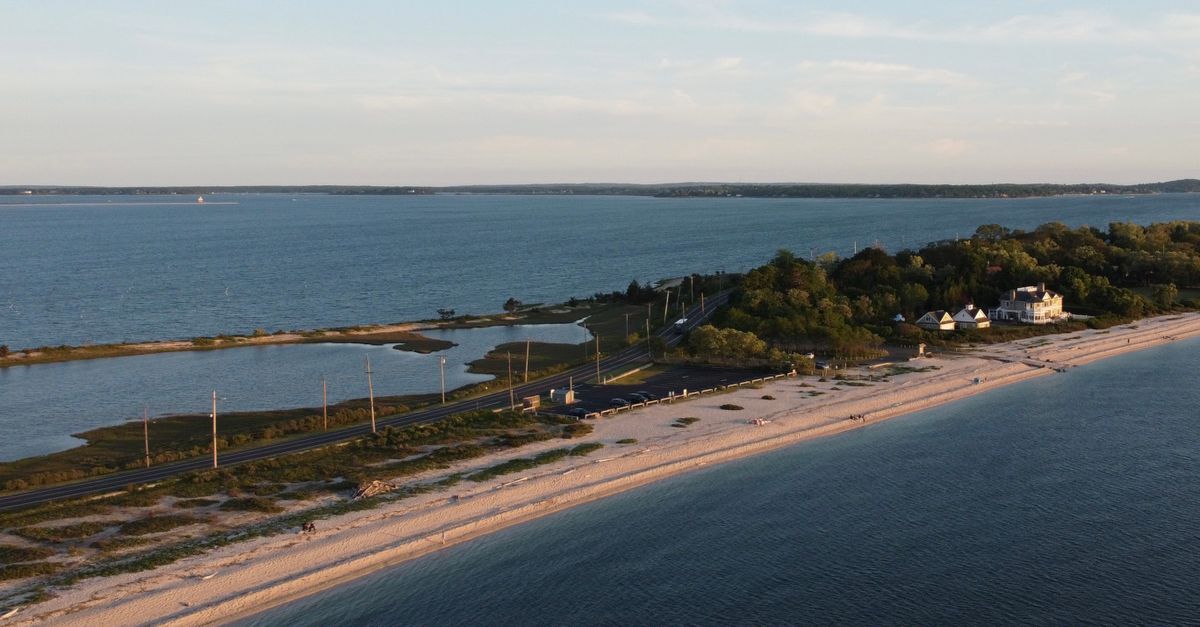 Aerial view of tranquil New York coastline with beach and greenery at sunset.