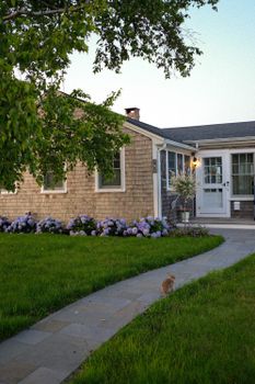 A cozy Nantucket house surrounded by a garden path and a rabbit, perfect for suburban living.