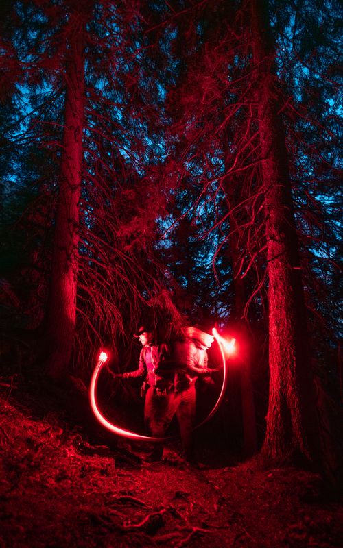 Free A mysterious night scene in a forest with red light painting around a solitary hiker. Stock Photo