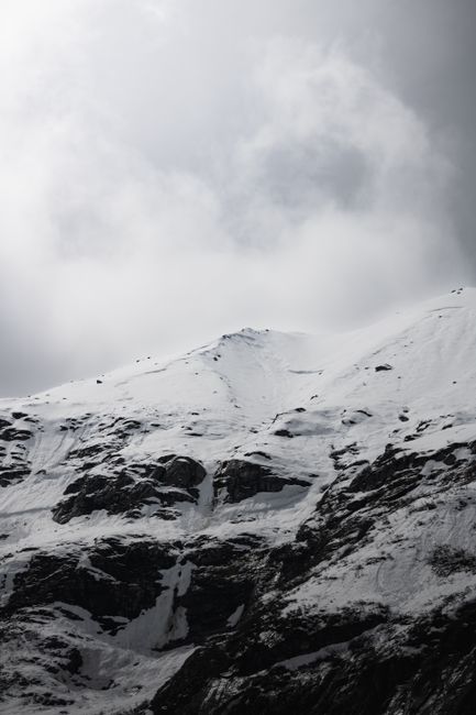 Captivating view of snowy mountain peaks in Hintertux, Austria, under cloudy skies.