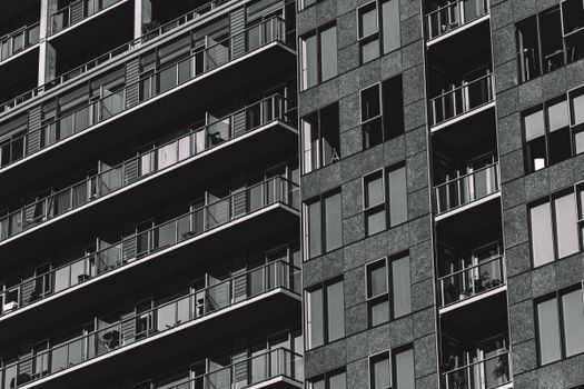 Monochrome view of a residential building showcasing urban architecture in Portland, OR.