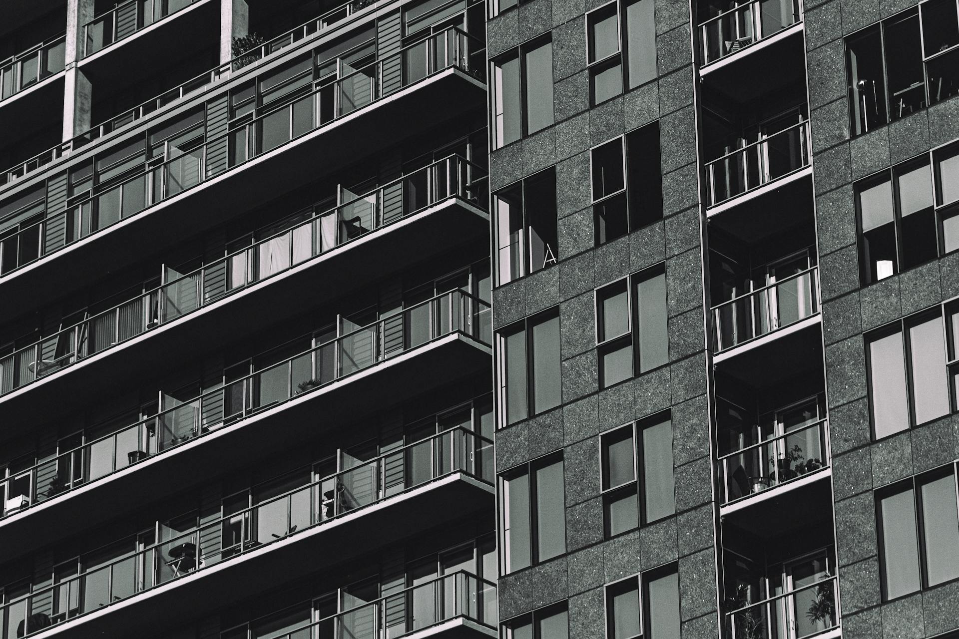 Monochrome view of a residential building showcasing urban architecture in Portland, OR.