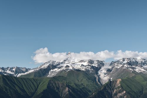 Free Scenic view of a snowcapped mountain range with clear skies, perfect for travel enthusiasts. Stock Photo