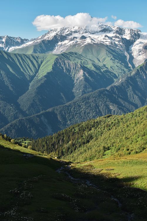 Free Breathtaking landscape of verdant valleys and majestic snowcapped mountains. Stock Photo